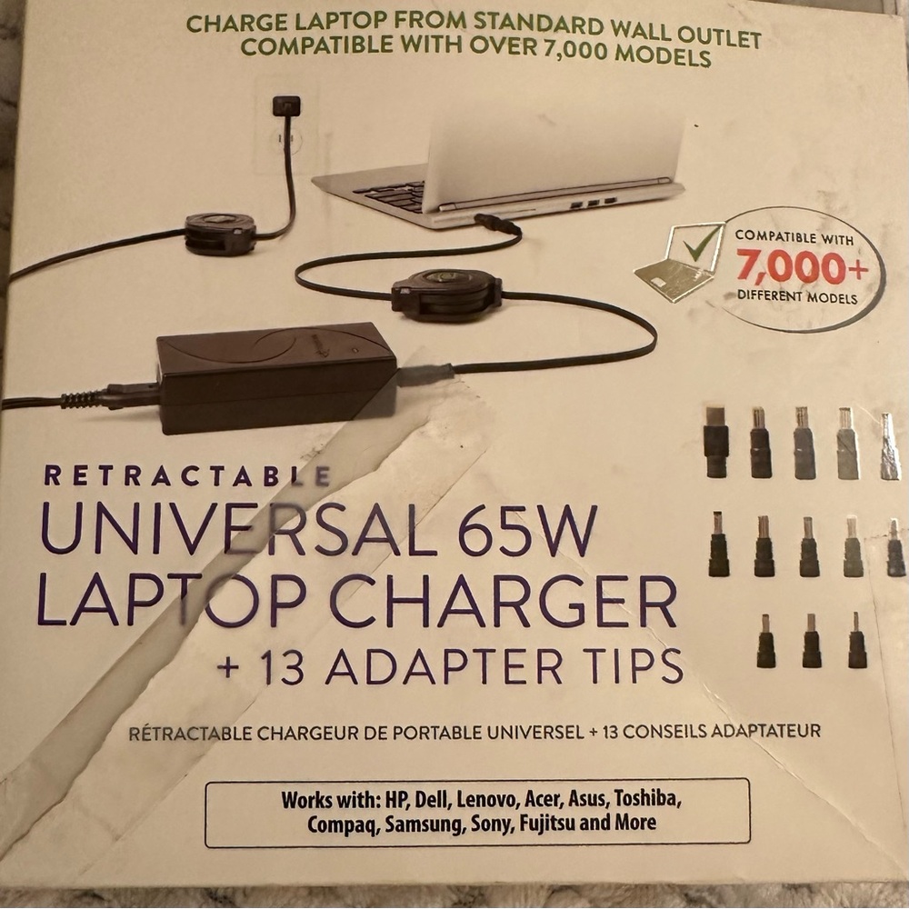 Retractable Universal 65W Laptop Charger with 13 Adapter Tips